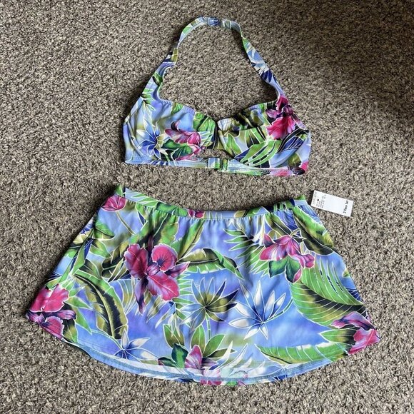 VTG Jantzen 2 Piece Swimwear Skirted Skort Underwire Halter Top 14 Tropical New - Picture 1 of 8